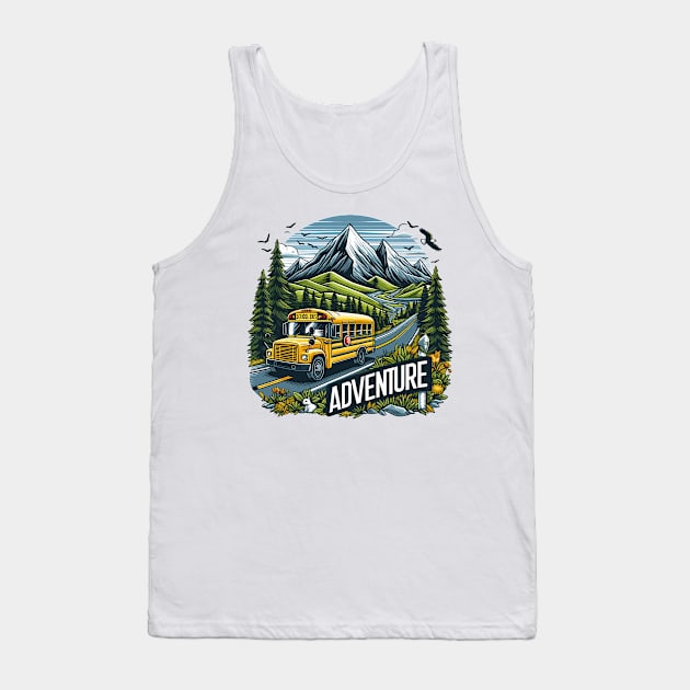 A School Bus On A Mountain Road, Bus Adventure Tank Top by Vehicles-Art